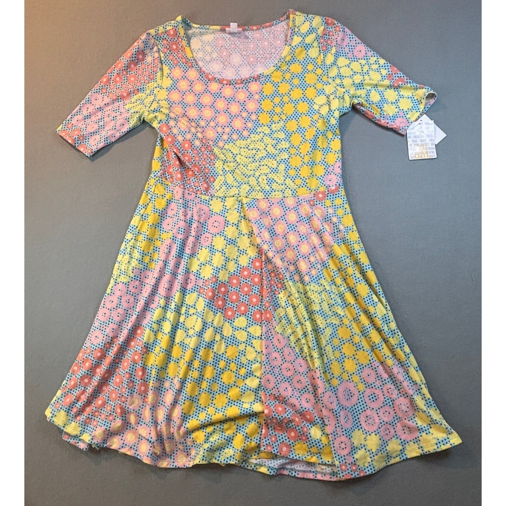 LuLaRoe Nicole Fit & Flare Dress Womens 3XL Floral Polka Dot Patchwork Pink
